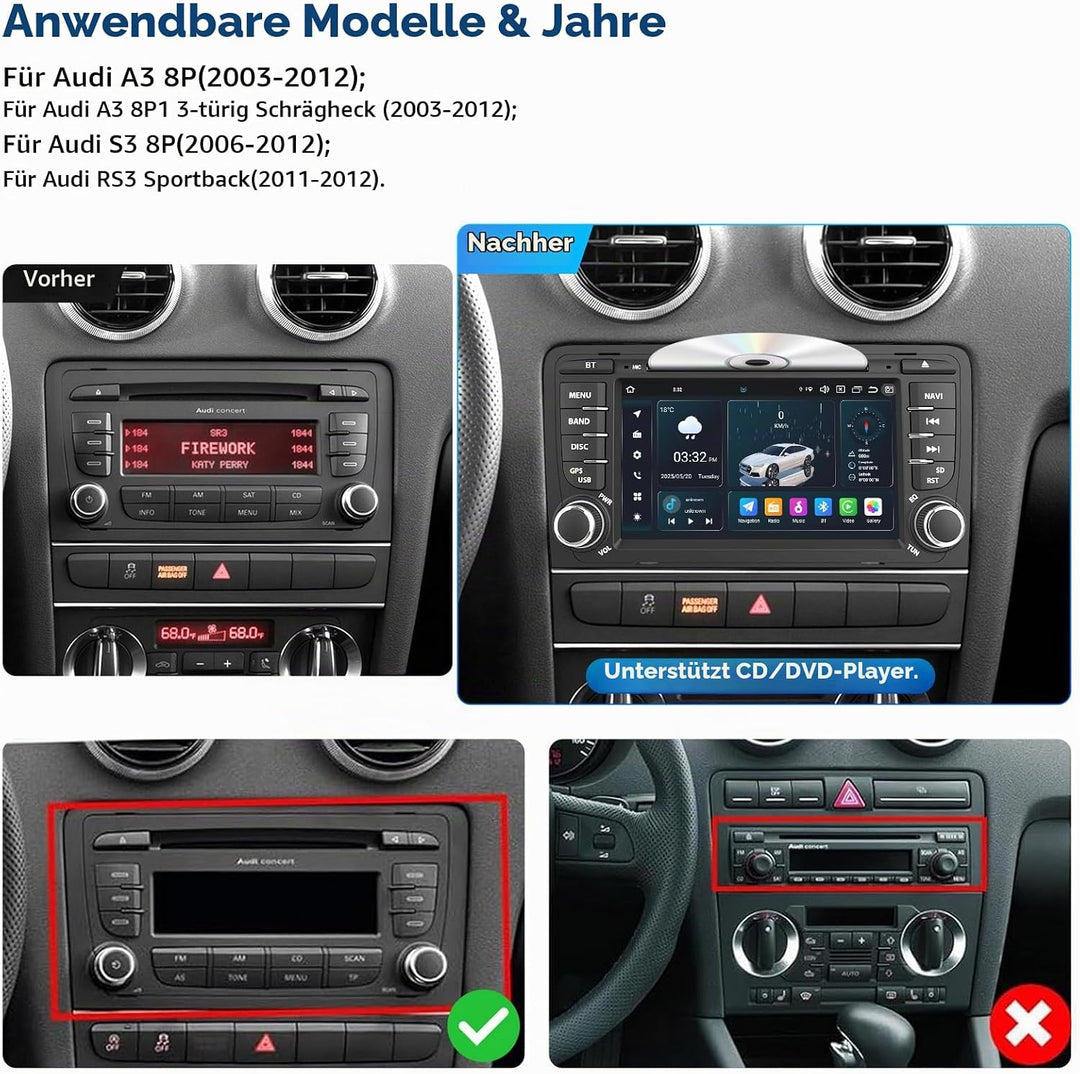 NVGOTEV Android 13 Autoradio für Audi A3 S3 RS3 2003-2012, 7 Zoll Radio mit GPS Navi DAB+ FM RDS 4G