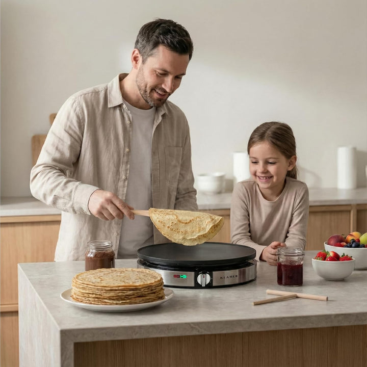 KLAMER Crepes Maker, Backfläche mit 30cm Ø, antihaftbeschichtete Platte, inkl. Teigverteiler und Wen