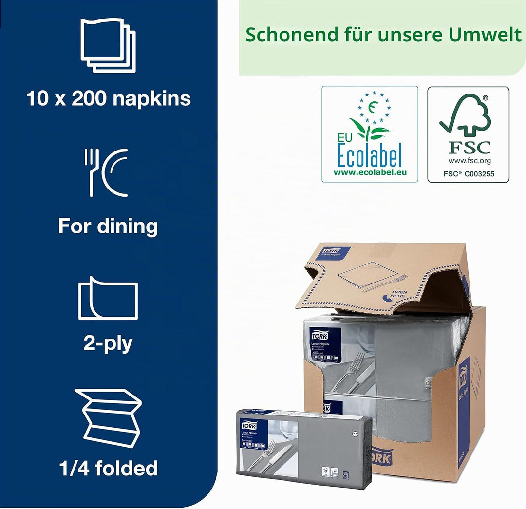 Tork 477205 Lunchservietten Grau / 2-lagige Servietten für kleine Gerichte oder Snacks / 10 x 200 (2