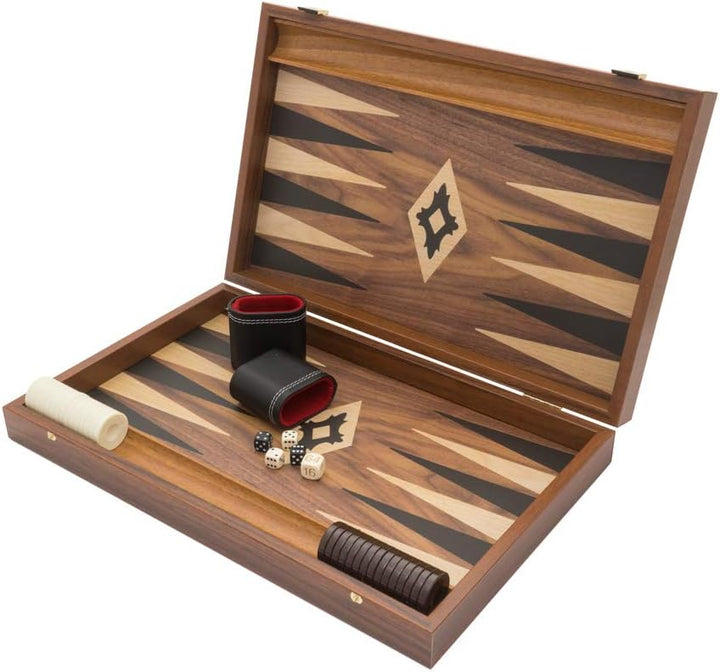 Manopoulos Backgammon-Set, Walnuss und Eiche, mit Philos-Deluxe-Bechern