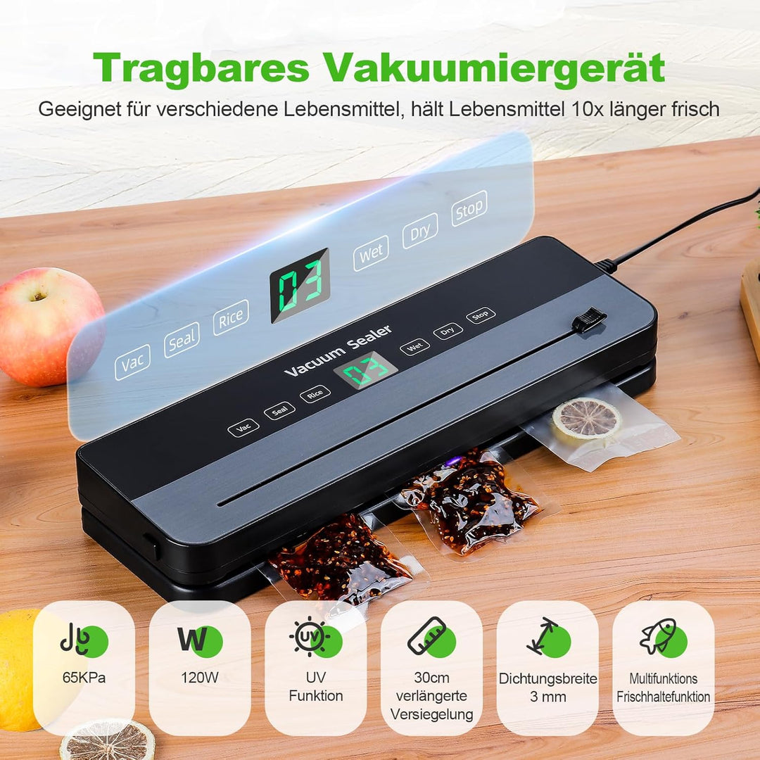 Vakuumiergerät, 65 kPa Präzisionssaugleistung, 7-in-1-Lebensmittelversiegeler mit 10 Vakuumbeuteln u