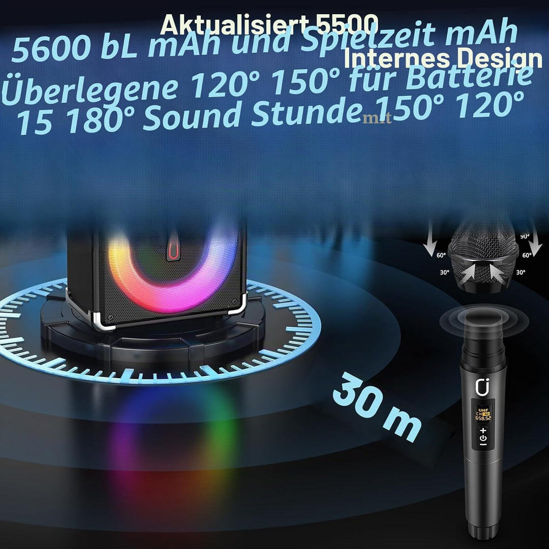 JYX Karaoke Anlage mit 2 drahtlosen Mikrofonens, Tragbares PA-System Karaoke Lautsprecher Höhen/Bass