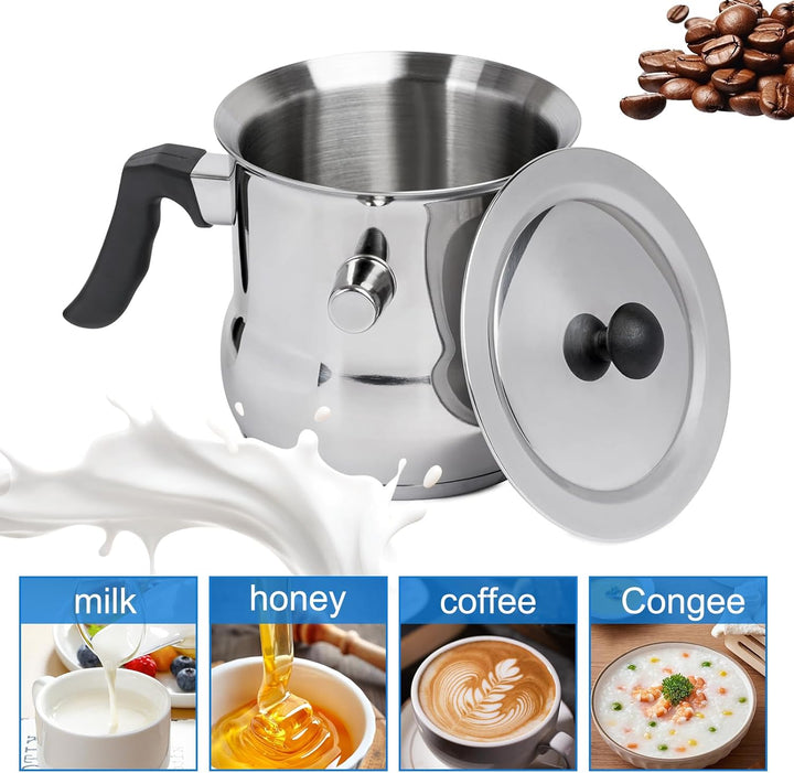 Milchtopf, Doppelwandiger Milchtopf aus Edelstahl, 2 Liter Milchtopfs mit Deckel und Rutschfester Ku