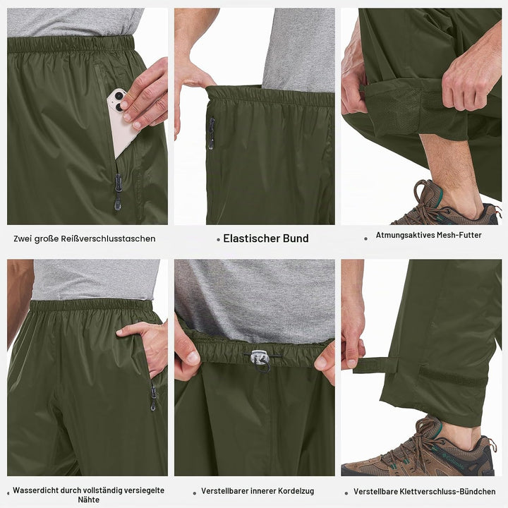 Regenhose Herren Fahrrad Leichte wasserdichte Winddichte Outdoorhose zum Wandern Camping Trekkinghos