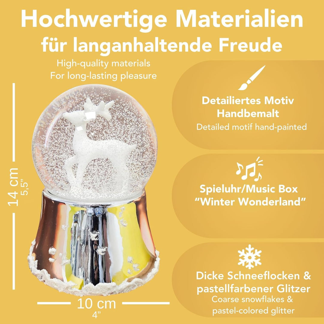 Schneekugel Weihnachten Spieluhr | REH weiss| Sockel Silber glänzend mit Schneeflocken | mit Musik |