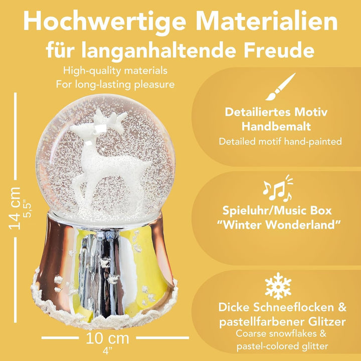 Schneekugel Weihnachten Spieluhr | REH weiss| Sockel Silber glänzend mit Schneeflocken | mit Musik |