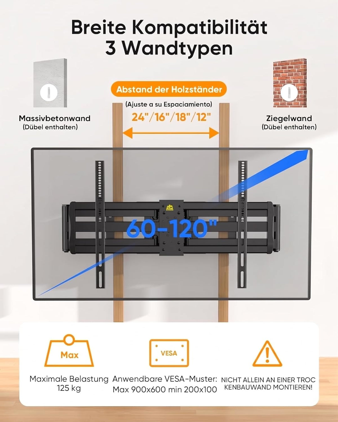 FORGING MOUNT Vollbewegliche TV Wandhalterung für 60-100 Zoll Fernseher bis 100kg, Fernseher Wandhal
