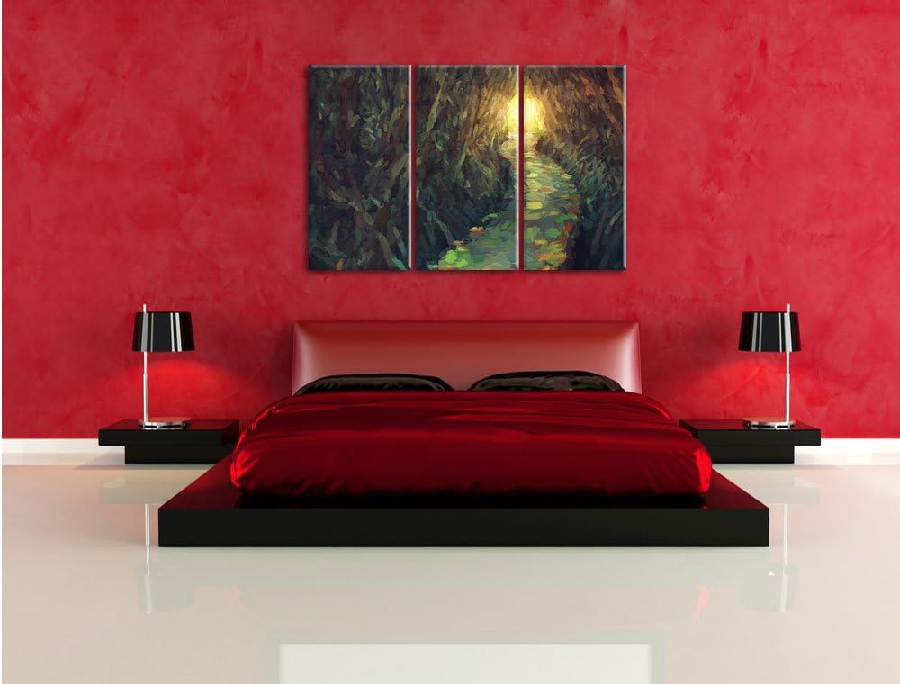 Pixxprint Gehweg im Wald / 3-Teilig/Gesamtmass 120cm Leinwandbild bespannt auf Holzrahmen/Wandbild K