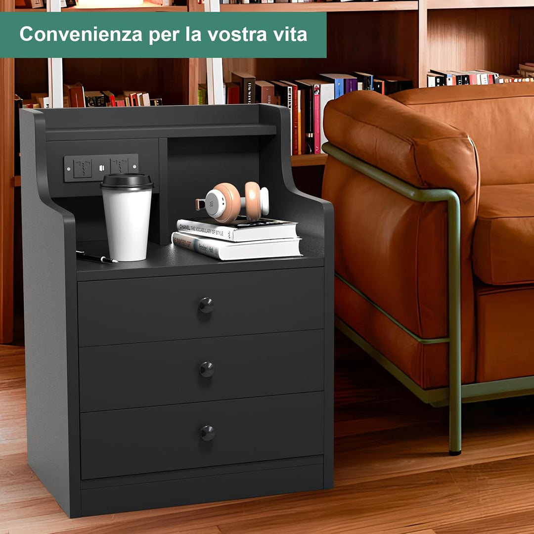 Nachttisch mit Ladestation, Nachtschrank mit Steckdosen und USB Anschlüsse, Nachttisch mit 3 Schubla