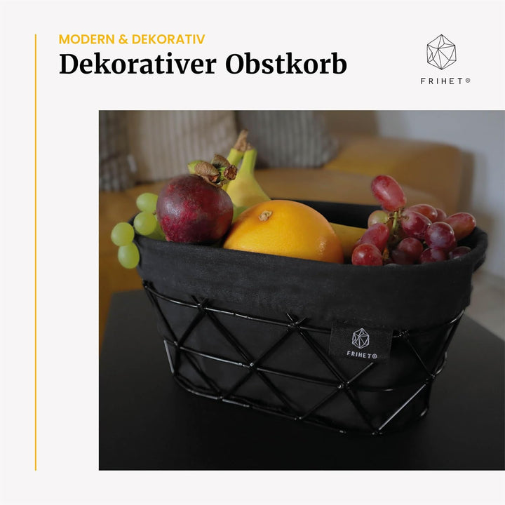 FRIHET 2-in-1 Brotkorb & Obstschale - Metall - waschbare Einlage aus 100% Baumwolle - oval - schwarz