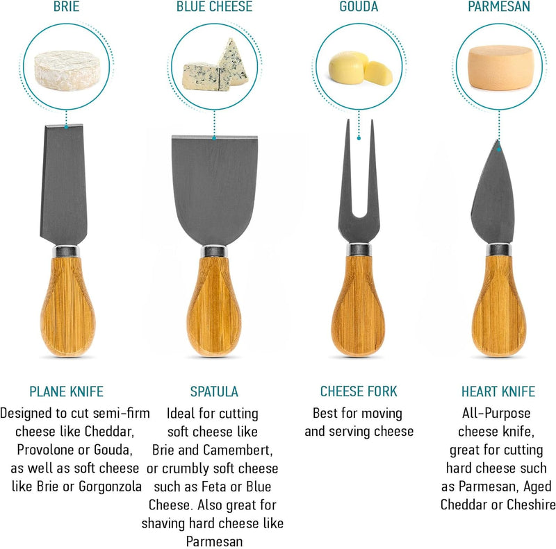 Bambus Käsebrett mit Käsemesser Set – 25cm Rund Servierplatte aus Holz für Käse und Häppchen – Chees