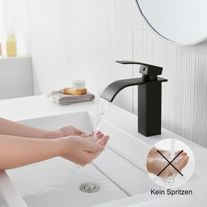 Faizee Home | Wasserfall Armatur Schwarz – Elegante Waschtischarmatur aus Messing mit breitem Auslau