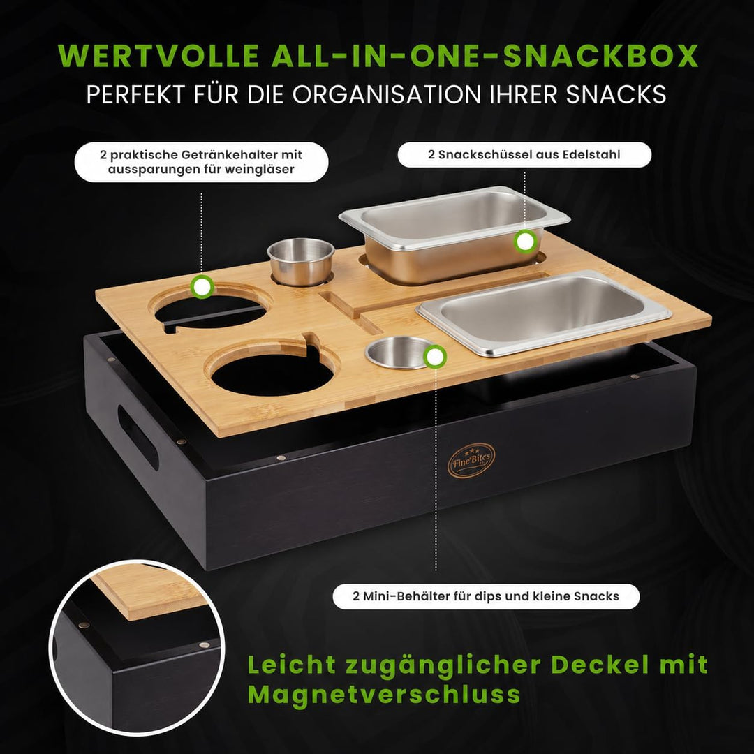 Couchbar Snackbox für 2 aus Bambus – Snackbar Sofatablett mit Getränkehalter & 2 Snackschalen – Couc