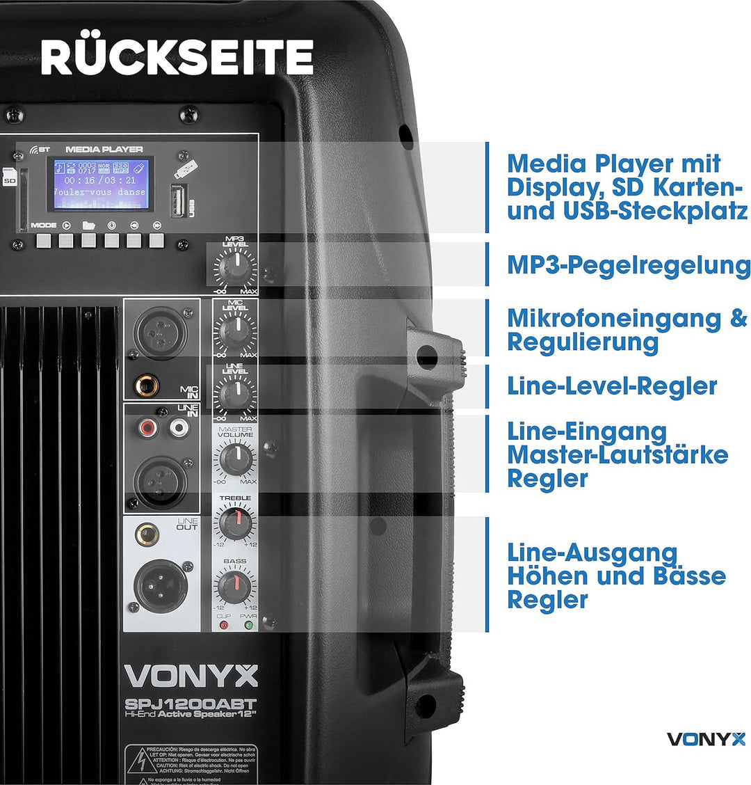 VONYX SPJ-1200ABT PA Anlage, Akitvlautsprecher, 600 Watt Musikbox Bluetooth 12 Zoll High End Speaker
