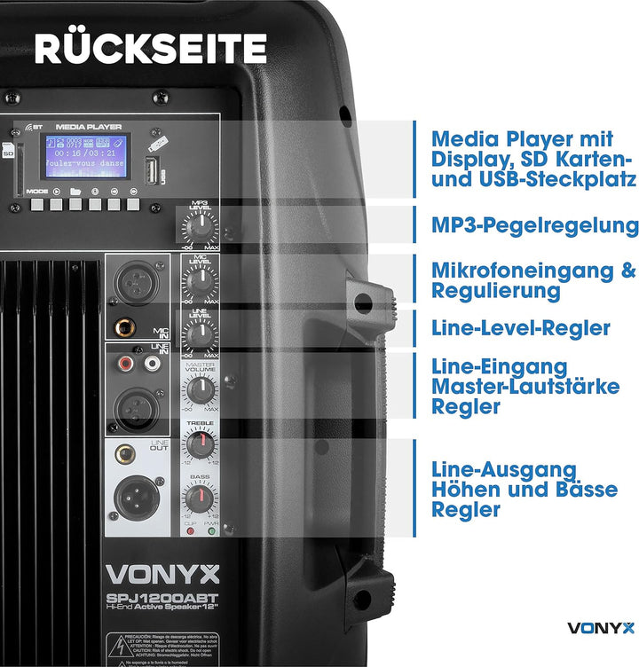 VONYX SPJ-1200ABT PA Anlage, Akitvlautsprecher, 600 Watt Musikbox Bluetooth 12 Zoll High End Speaker
