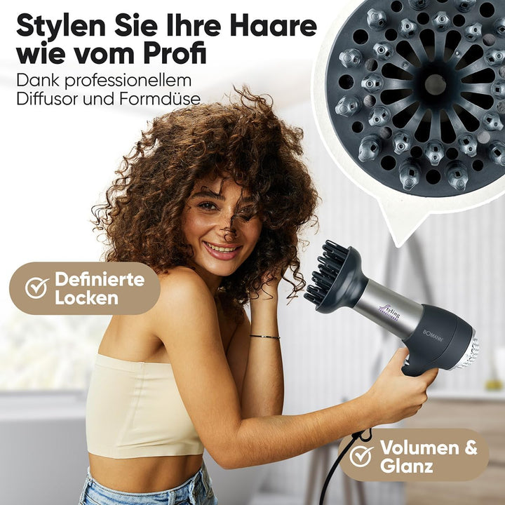 Bomann® Haartrockner mit Diffusor & Formdüse | Hair Dryer mit "Cool Shot" für glänzendes Haar | Haar