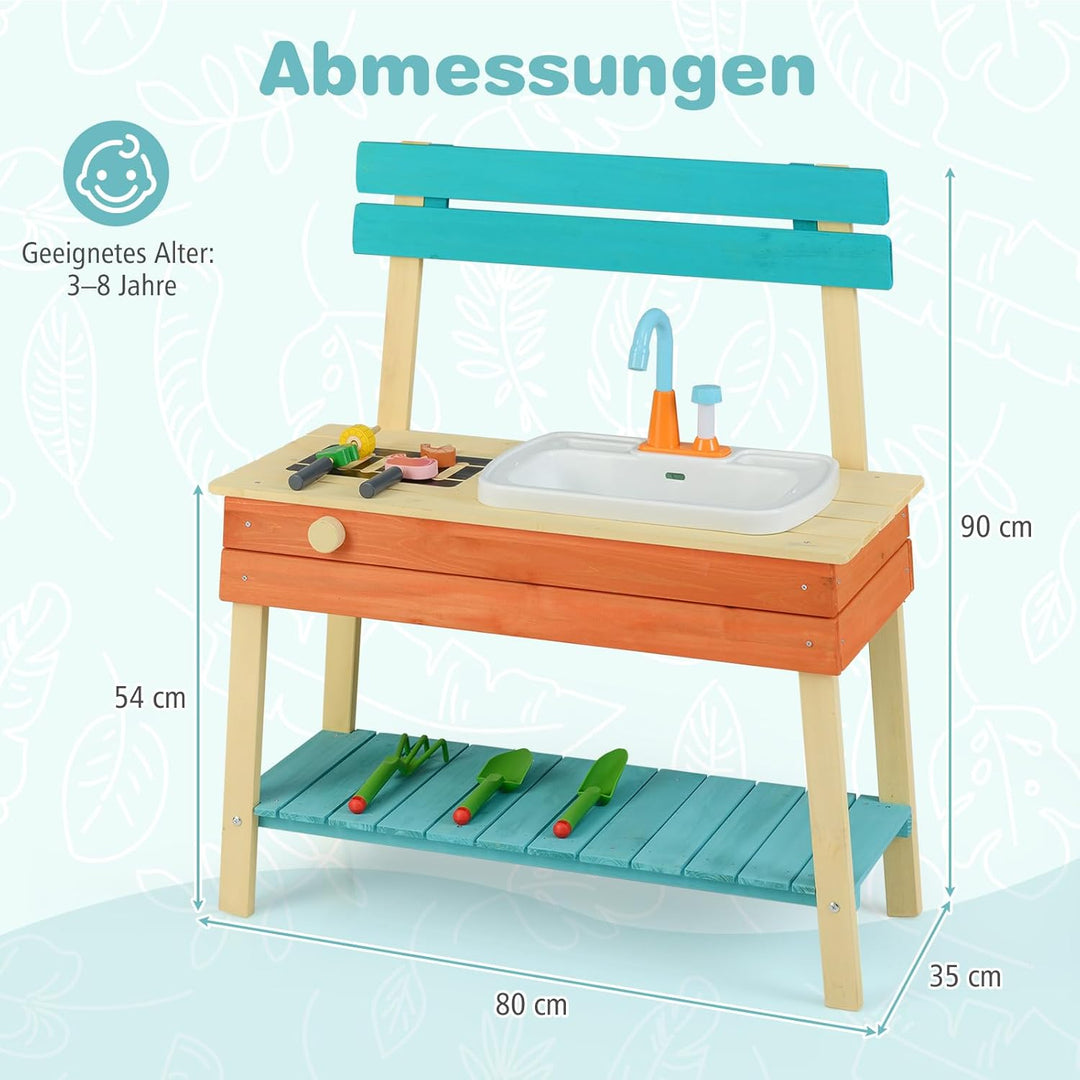 COSTWAY Matschküche Kinder Outdoor, Kinderküche Holz mit Wasserhahn & Grill, inkl. Holzspiessen, Leb