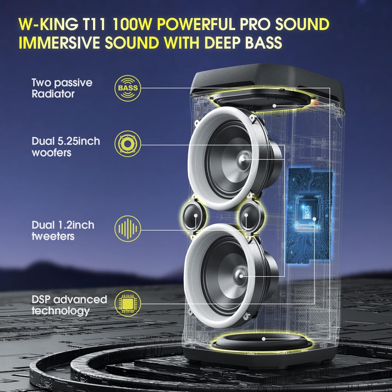 W-KING 220W Peak 100W RMS Bluetooth Lautsprecher Gross V5.3, IPX6 Wasserdichter,Musikbox Bluetooth m
