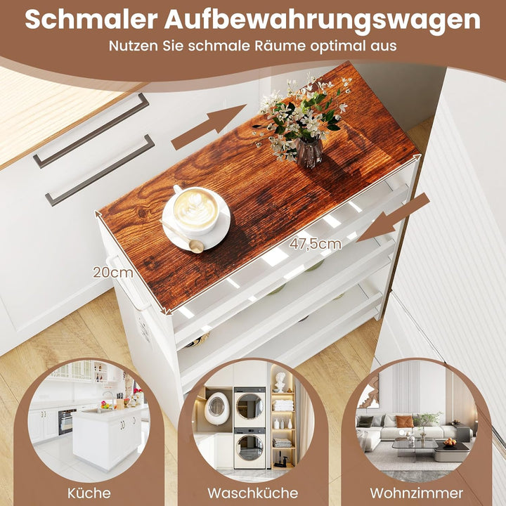 COSTWAY Nischenwagen 20cm breit, 4 Etagen Küchenwagen schmal mit Ladestation, Nischenregal auf Rolle