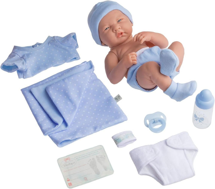 JC TOYS 102-18540 – Kinderpuppe, Körper aus Gummi, Blaue Kleidung mit Punkten, 36 cm