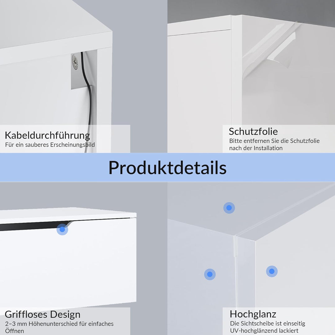 SONNI Lowboard mit LED (16 Farben), Hängend/Stehend, Weiss, 100x35x30cm | TV-Schrank Hochglanz für F