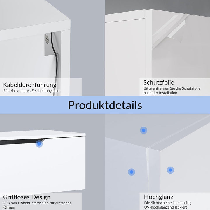 SONNI Lowboard mit LED (16 Farben), Hängend/Stehend, Weiss, 100x35x30cm | TV-Schrank Hochglanz für F