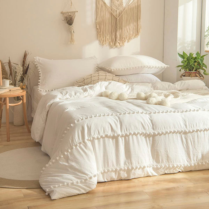 Freyamy Böhmen Bettwäsche 200x220cm 3teilig Weiss Pom Pom Boho Chic Bettwäsche Gewaschene Microfaser