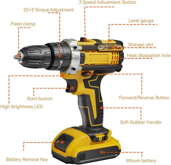 Akku-Bohrschrauber 28 V, elektrische Bohrmaschine, kabellos, mit 2 Akkus + 24 Zubehörteilen, 25 + 3