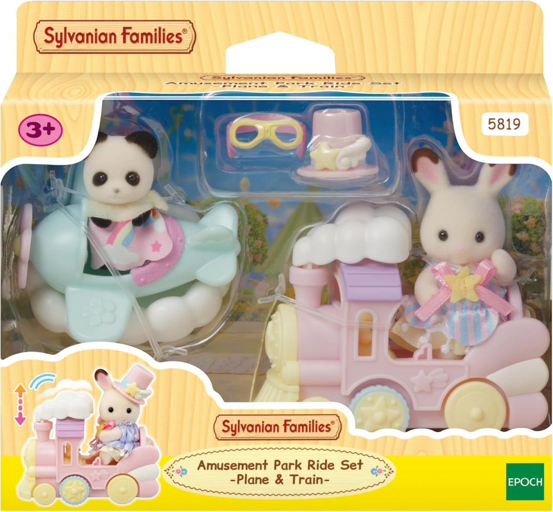 Sylvanian Families - 5819 Freizeitpark Spielset Zugfahrt, samtige Tierfiguren, Schokoladenhase, Pand