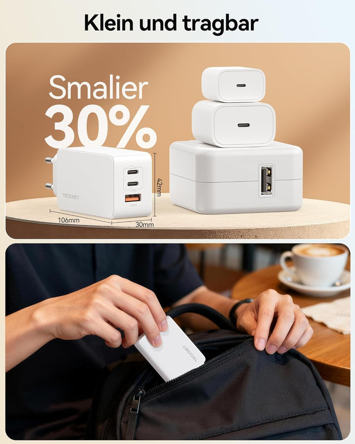 TECKNET 65W USB C Ladegerät, 3-Port PD3.0/QC4.0 Type C Netzteil mit GaN Tech Schnellladegerät Charge
