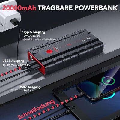 FLYLINKTECH Tragbare Auto Starthilfe Powerbank 5000A - Für bis zu 10L Benzin und 9L Dieselmotor - 12