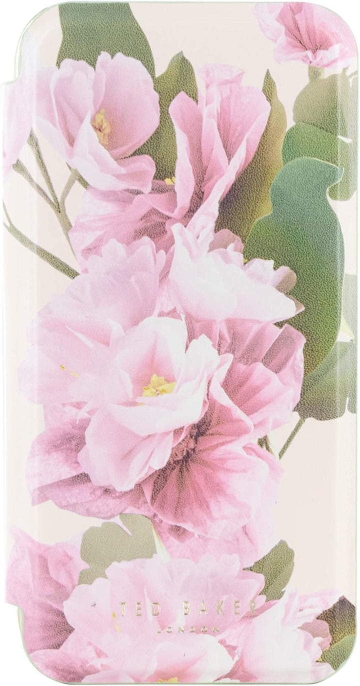 Ted Baker LIRION Cream Flower Placement Mirror Folio Phone Case for iPhone 14 Pro Green Gold Shell,