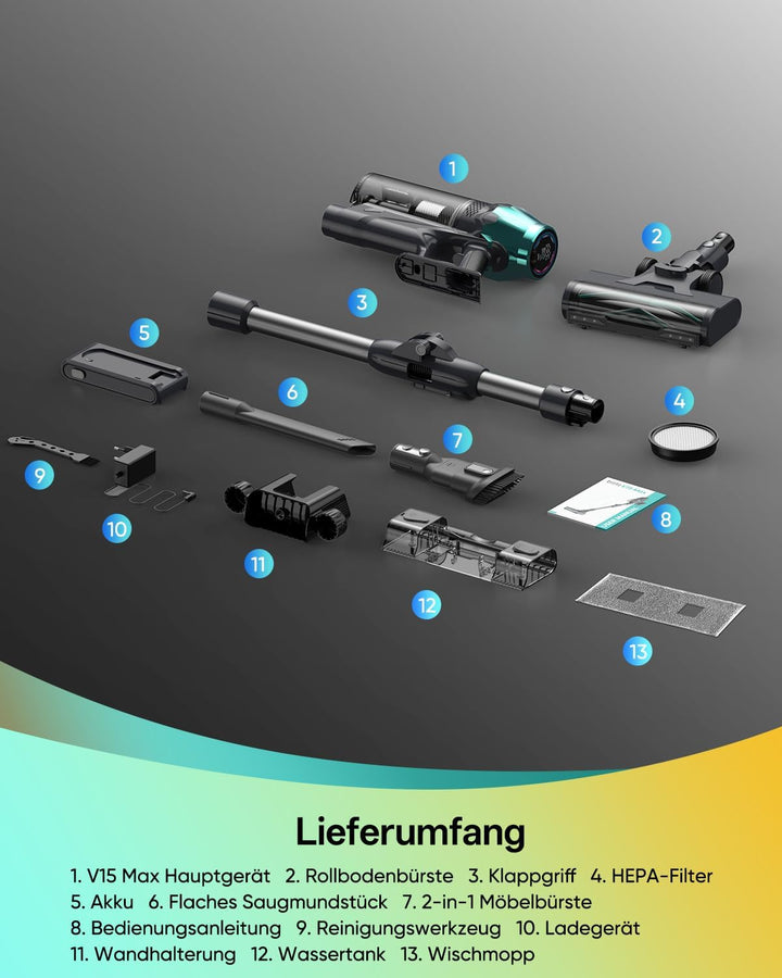 Vexilar V15Max Akku Staubsauger mit Wischfunktion, 60KPa/ 600W/60Min Staubsauger Kabellos, Knickrohr
