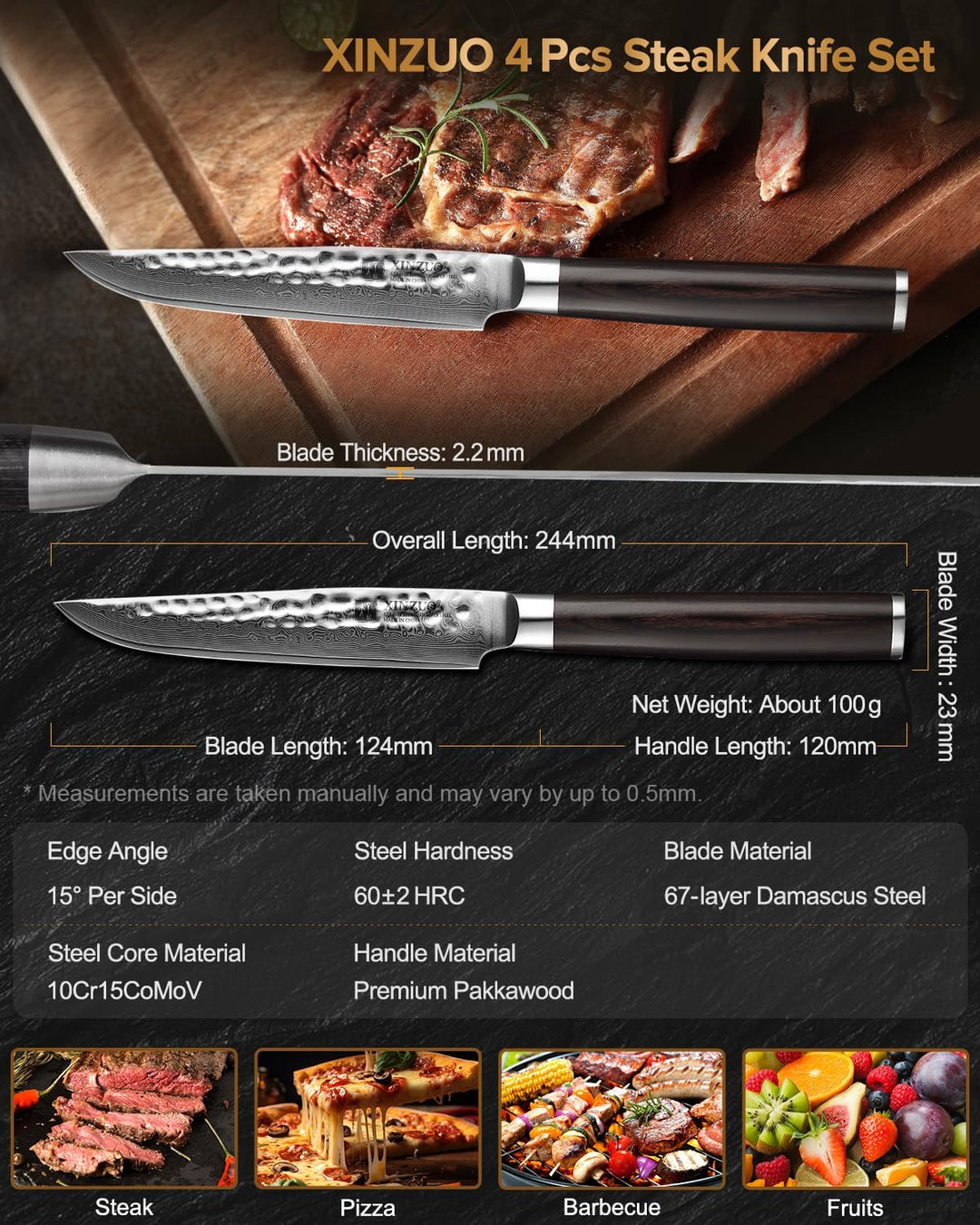 XINZUO 4-Teilig Steakmesser Set, 12.4cm Steakbesteck für 4 Personen, profi Damaststahl Steakmesser s