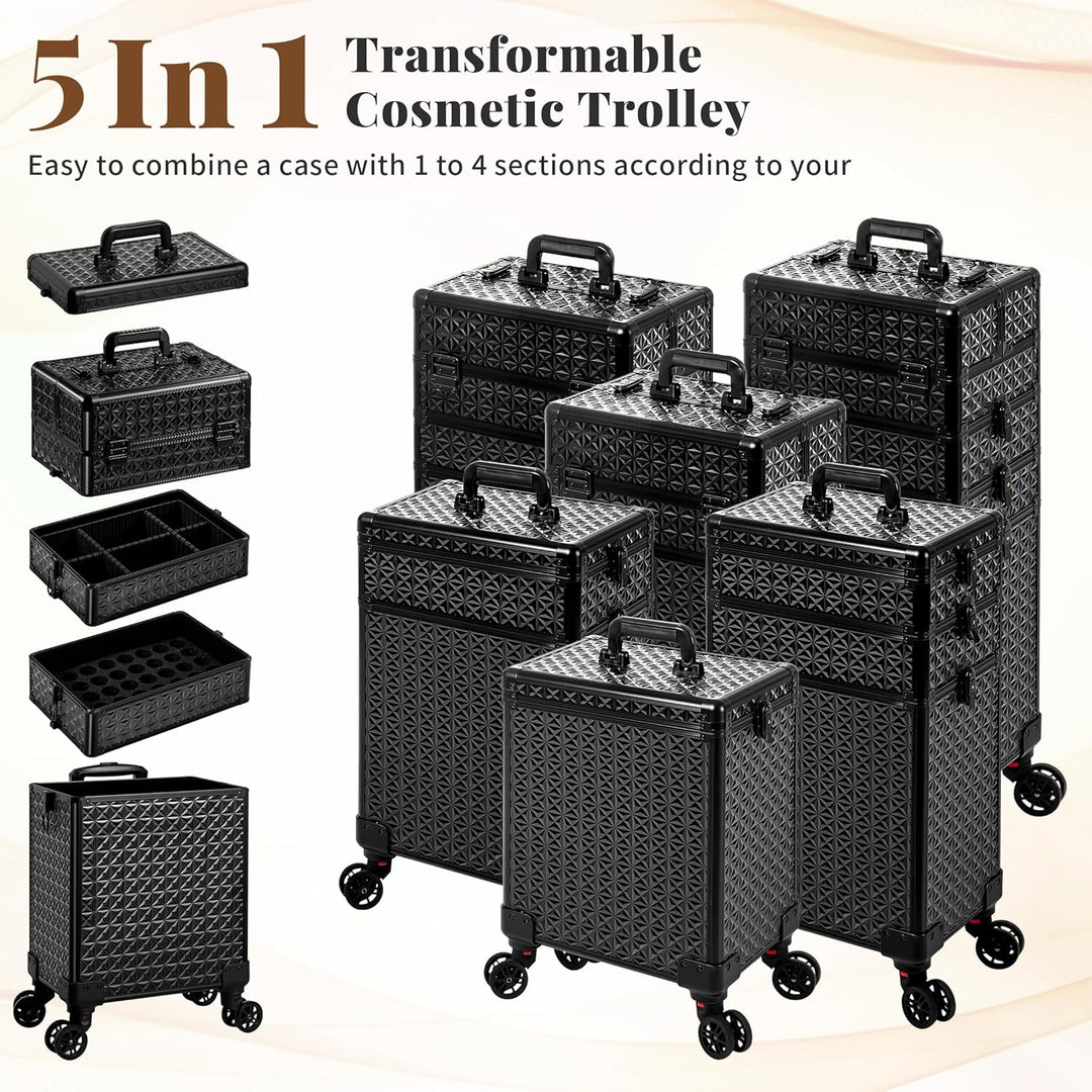 Arous 5-in-1 Profi-Kosmetikkoffer, Aluminium, mit 360° drehbaren Rädern Schwarz, Schwarz