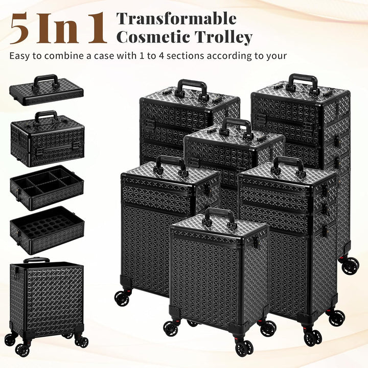 Arous 5-in-1 Profi-Kosmetikkoffer, Aluminium, mit 360° drehbaren Rädern Schwarz, Schwarz