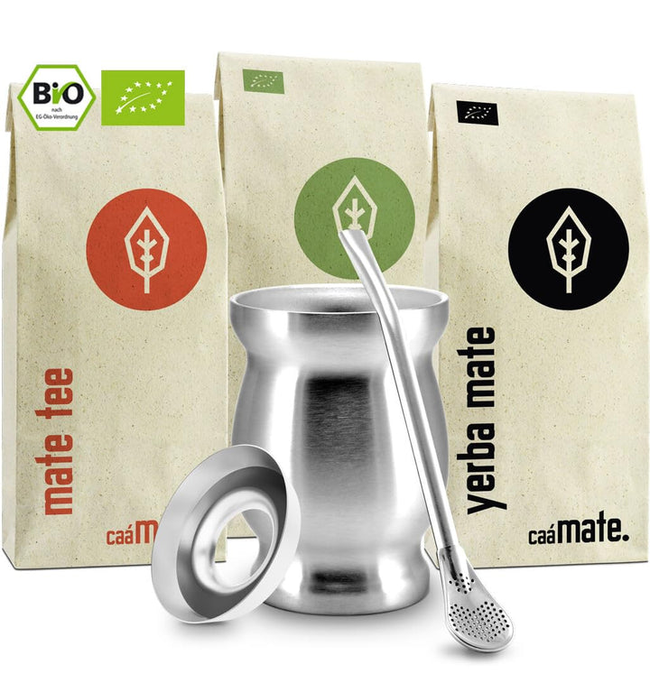 Mate Tee Set Bio ● 3 Matesorten + doppelwandiger Edelstahl Matebecher + Bombilla + Zubereitungsanlei