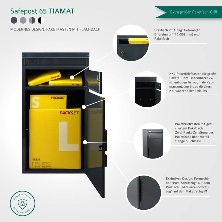 Safepost 65 TIAMAT Paketbriefkasten - mit Paketfach - Standbriefkasten - Exklusivmodell (anthrazit m