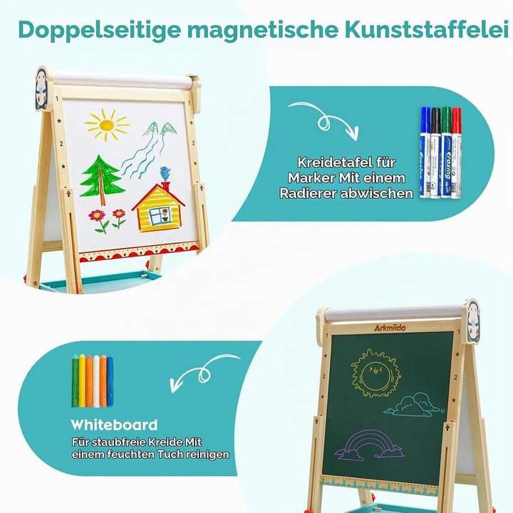 Kinder Staffelei mit Papierrolle doppelseitiges Whiteboard und Kreidetafel verstellbare Standstaffel