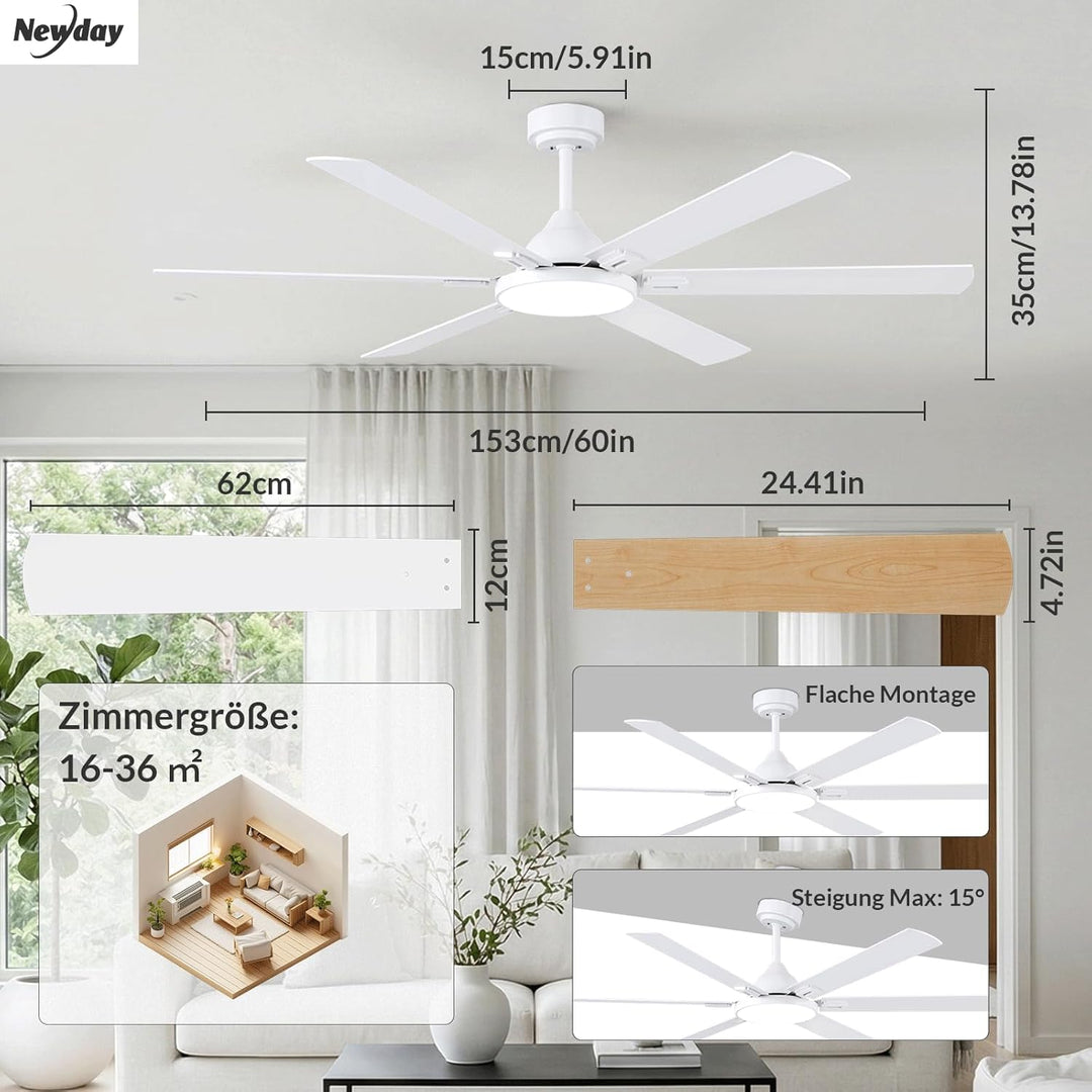 Newday Deckenventilatoren Weiss mit 6 Flügel, 153cm Gross Deckenventilator mit Beleuchtung und Fernb