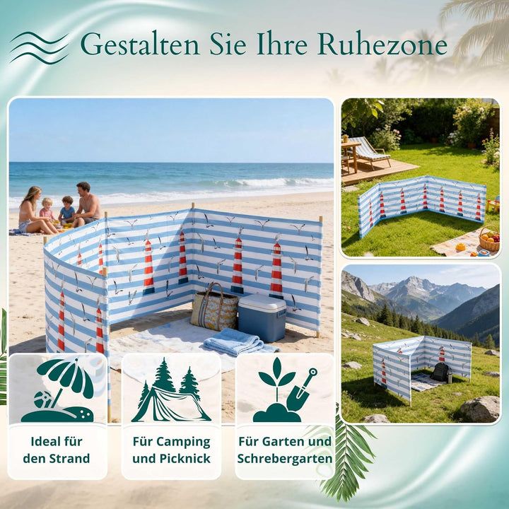 Strandparavent Mikrofaser | Windschutz 80cm | Leuchtturm 4m | Wetterfest | Mit Bindeseilen | Handgef