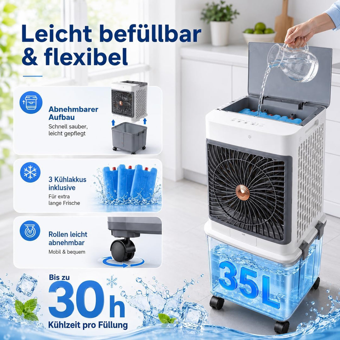 Verdunstungskühler mit Gross 35L Wassertank Fernbedienung, Timer, H 85cm