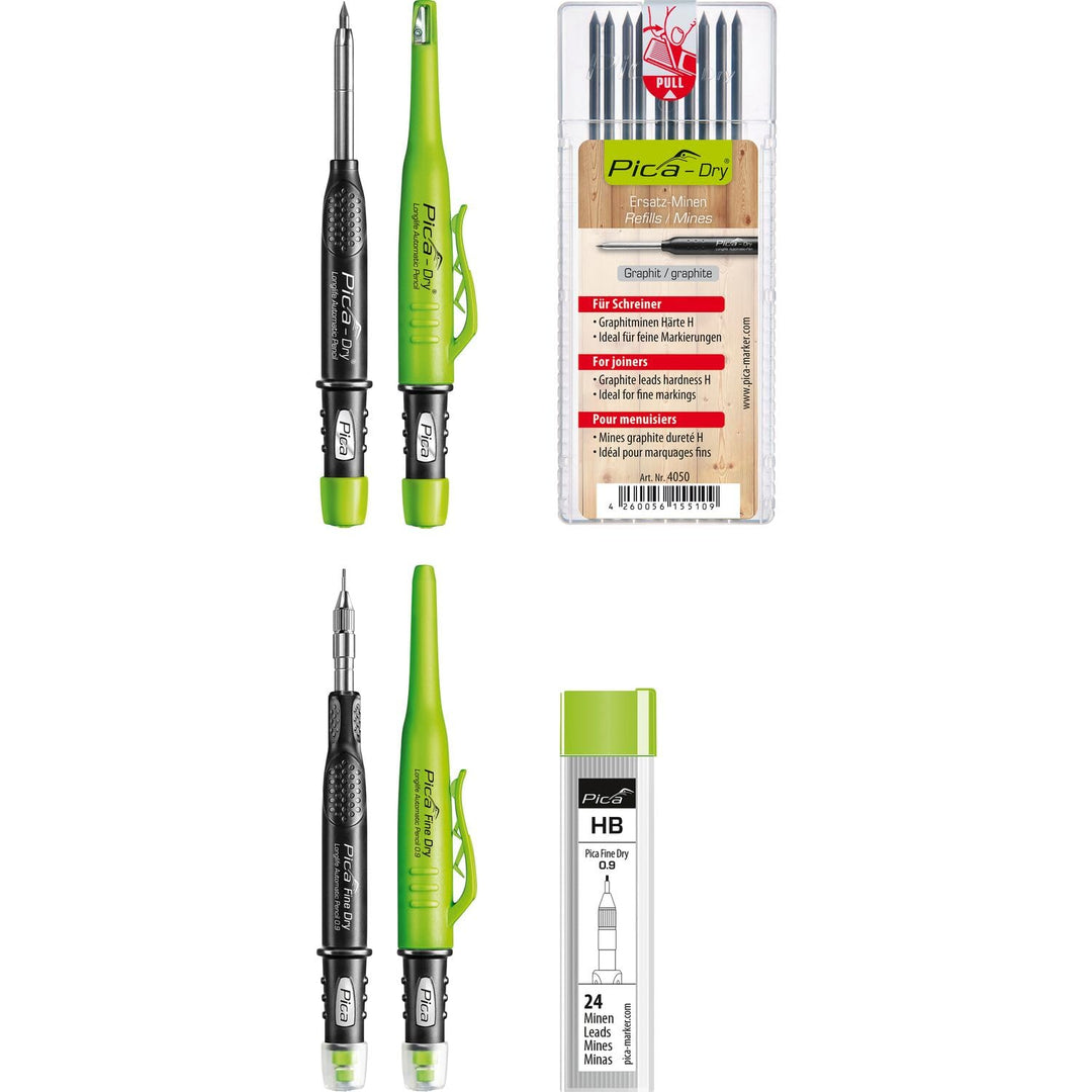 vasalat Pica Dry und Fine Dry Tieflochmarker graphit + Ersatzminen Graphitminen H und HB, 4-teilig 2