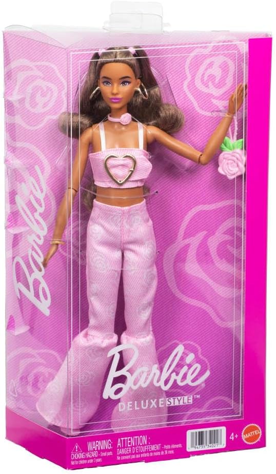 Barbie Deluxe Style-Puppe Nr. 12 in rosa bauchfreiem Denim-Oberteil mit passenden ausgestellten Jean