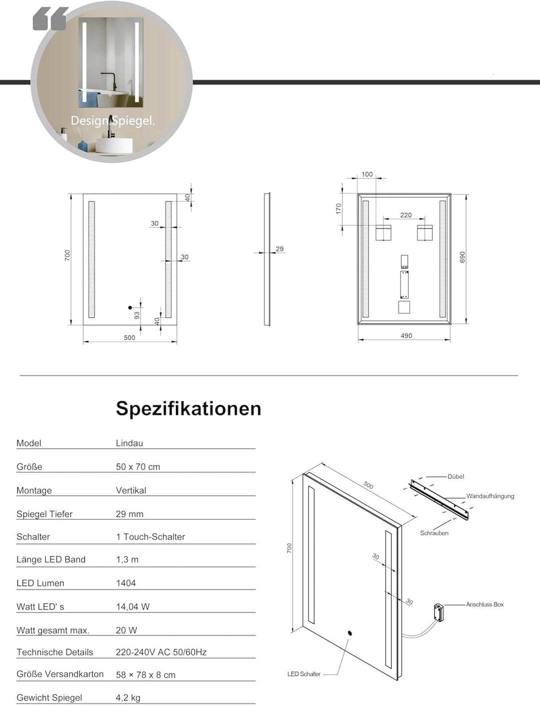 Sogoo SGSpiegel Badspiegel mit seitlicher LED Beleuchtung, Badezimmerspiegel 70x50cm, Lichtfarbe Wei