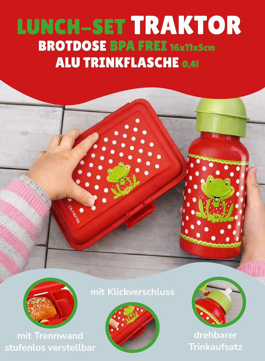 Spiegelburg Kindergarten Rucksack Set 4tlg. mit Turnbeutel, Brotdose und Trinkflasche Fröhliche Tupf