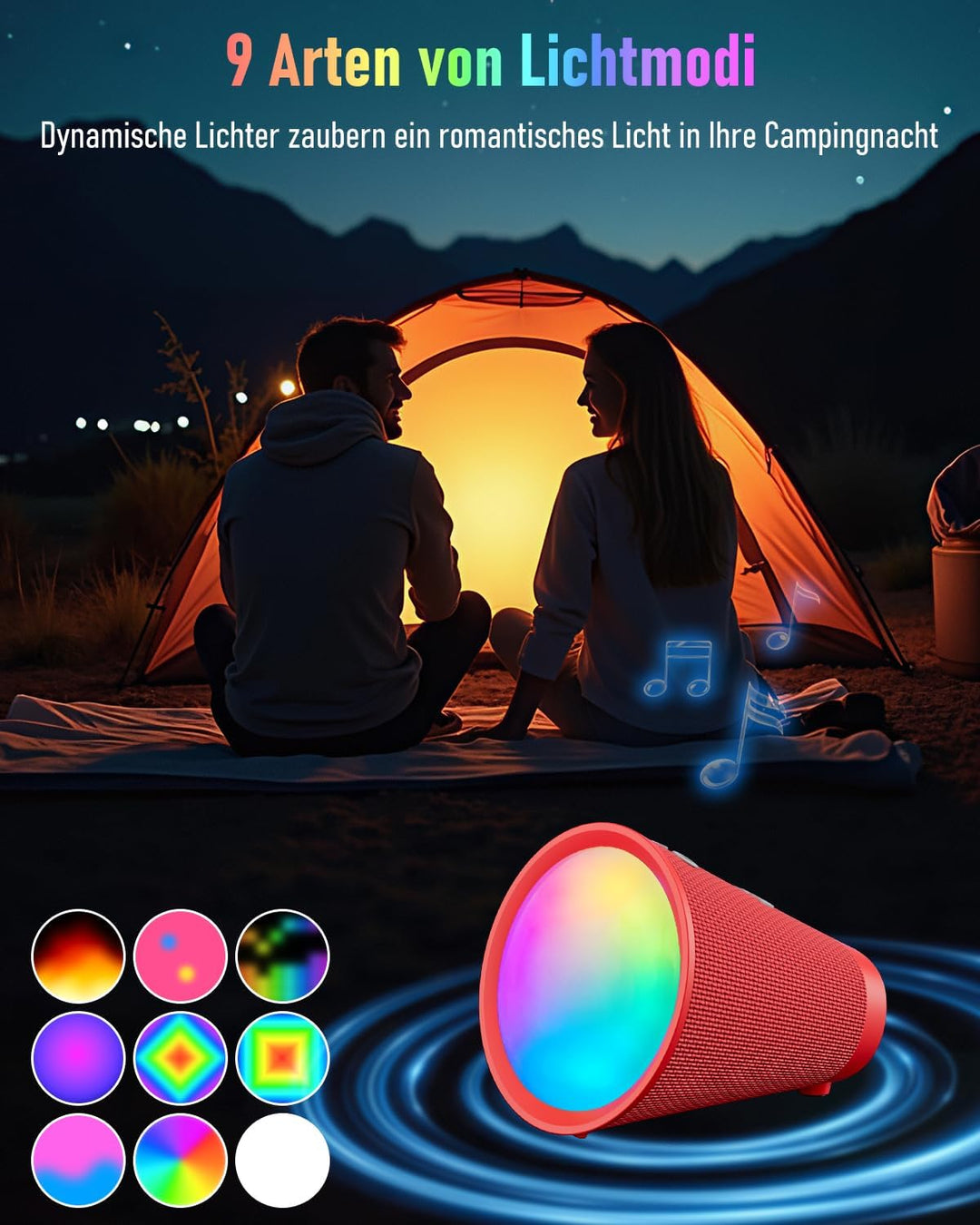 Tragbarer Bluetooth-Lautsprecher Drahtlos, IPX6 Wasserdichter Bluetooth-Lautsprecher mit 9 farbigen