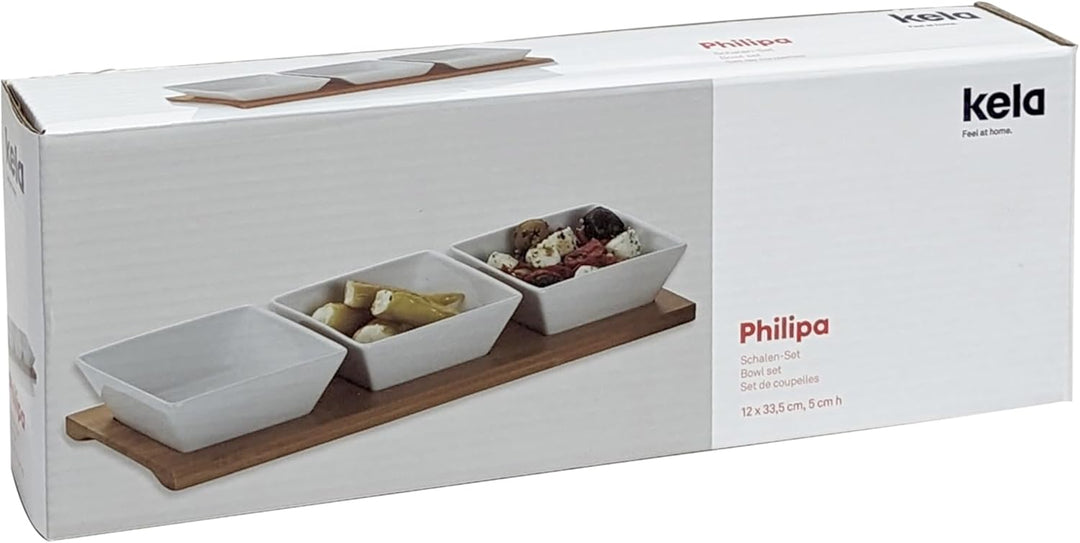 kela Servierschalen Set 4tlg PHILIPA, Porzellan Snackschalen mit Bambus Servierplatte, eckig, Dipsch