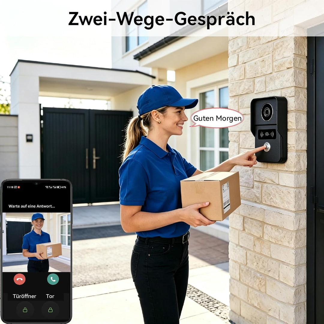 Video-Türsprechanlage, 2 Draht WiFi Türklingel mit 7" Farb-Touchscreen, 1080p Nachtsicht und Zwei-We