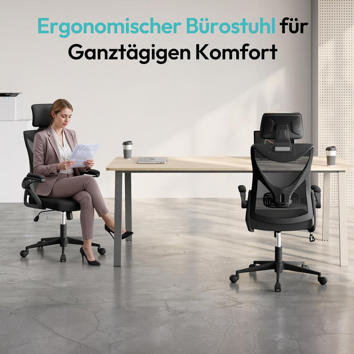 Yaheetech Bürostuhl Ergonomisch, Schreibtischstuhl mit Hochklappbaren Armlehnen, Drehstuhl mit Rücke